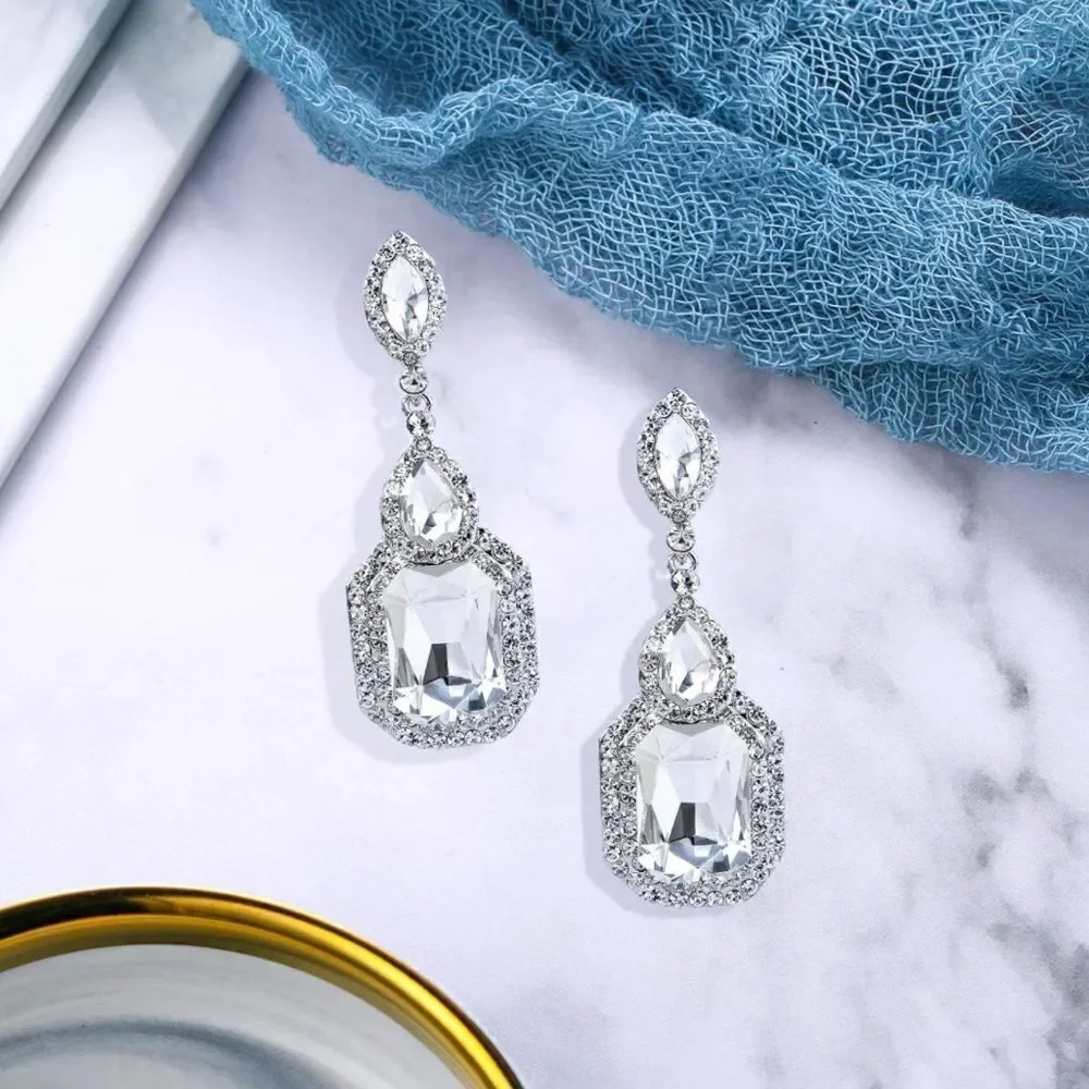 Silver with White Diamond Austrian Crystal Infinity Chandelier Post Earrings